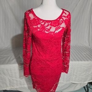 H&M Long Sleevee Red Floral Lace Bodycon Dress Size 10
